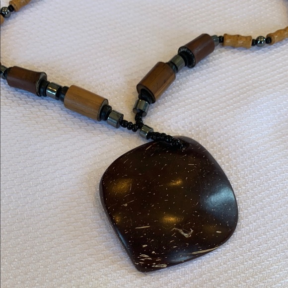 Coconut Shell Statement Necklace With Wood and Metal Beads Brown - Picture 1 of 4